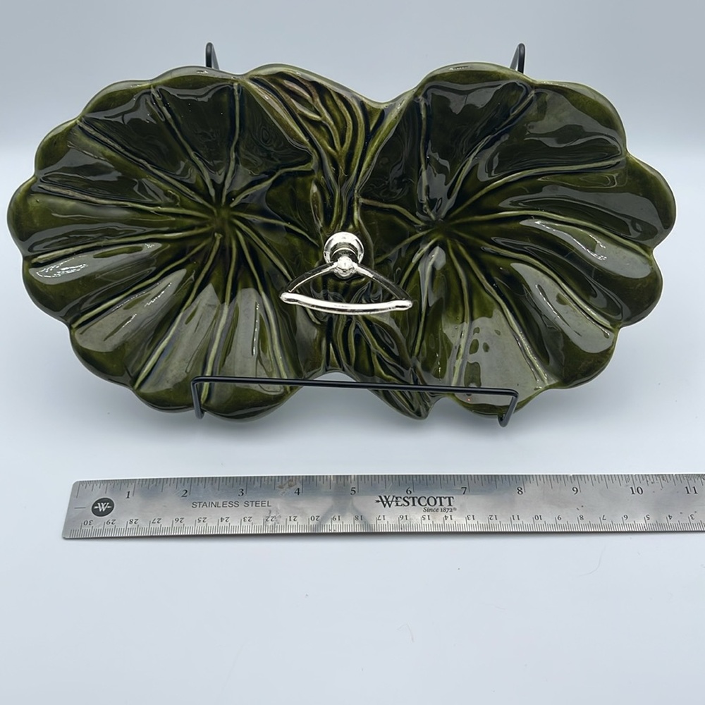 Vintage Avocado‎ Green Divided Dish w/Silver Handle California Pottery USA - Picture 5 of 7